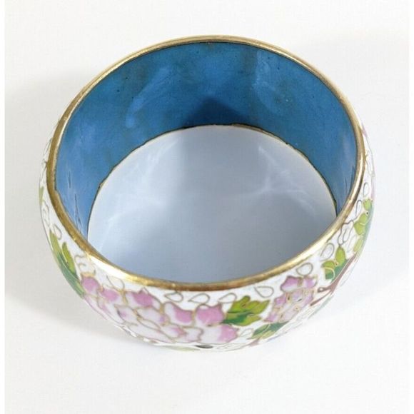 Large Wide Vintage Cloisonne Enamel Bangle Bracelet - Flowers Leaves Clouds - Picture 5 of 16